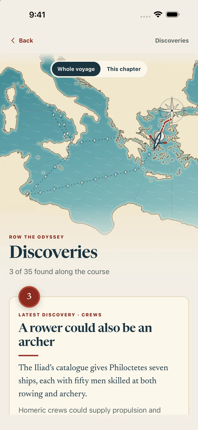 Catch Discoveries showing the whole voyage chart and the latest unlocked discovery