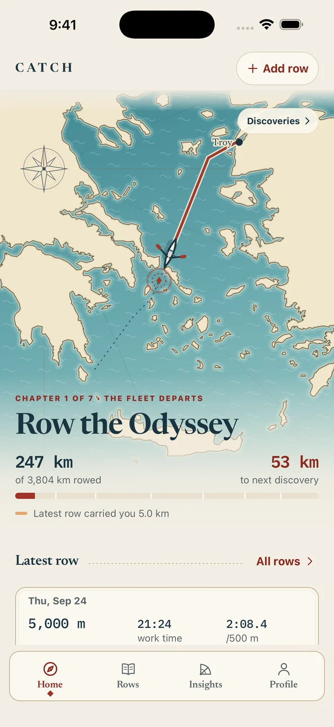 Catch Home showing the Odyssey as an illustrated sea chart, with chapter progress and the distance to the next discovery