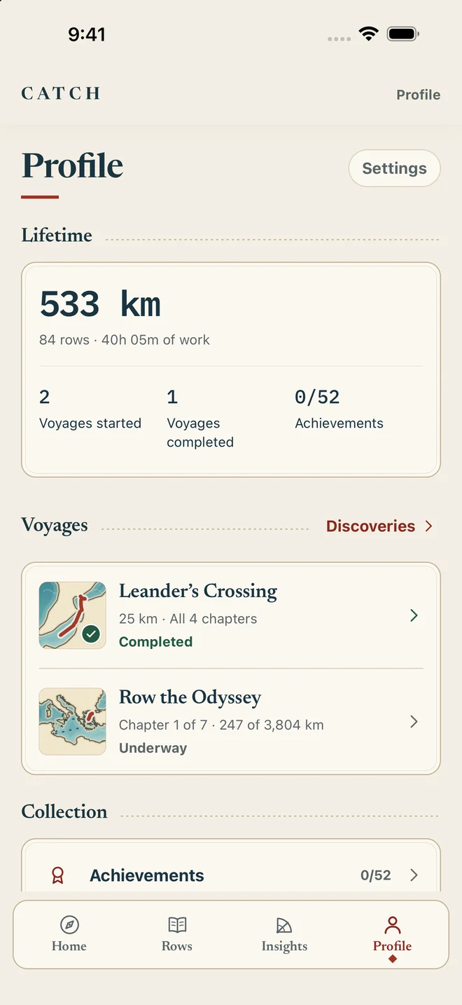 Catch Profile showing lifetime rowing totals, Leander’s Crossing completed and the Odyssey underway, each with its own chart